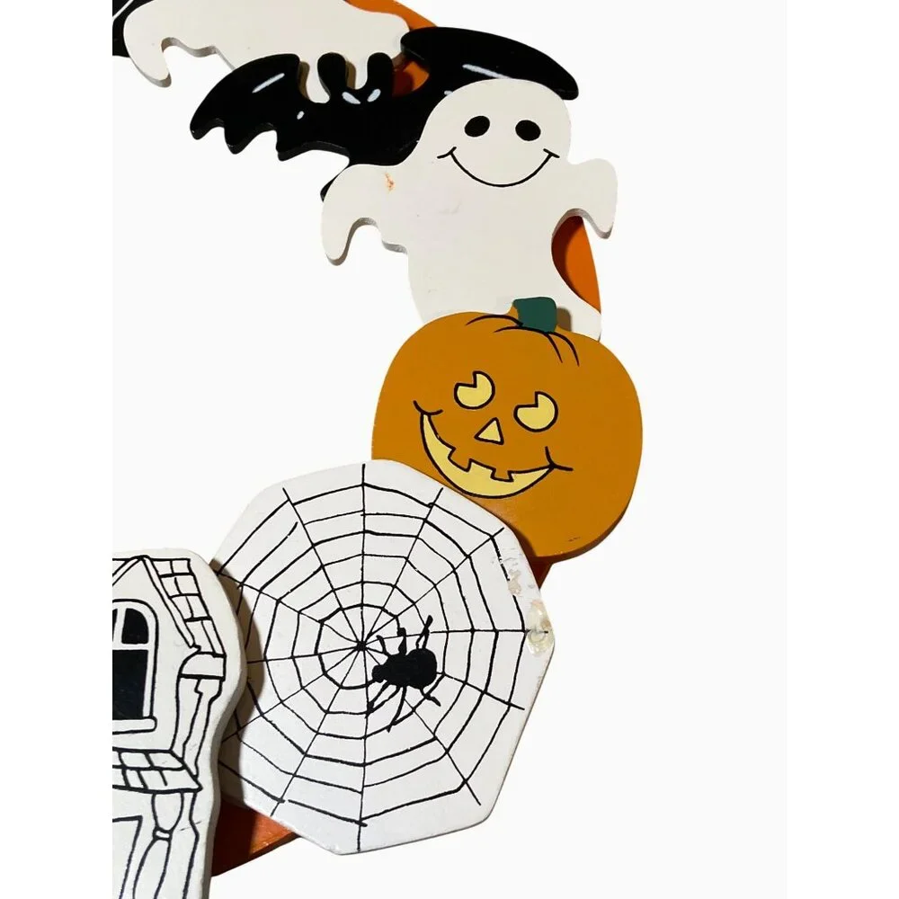 Halloween Wooden Door Wreath With Witch Ghosts & Spider Webs